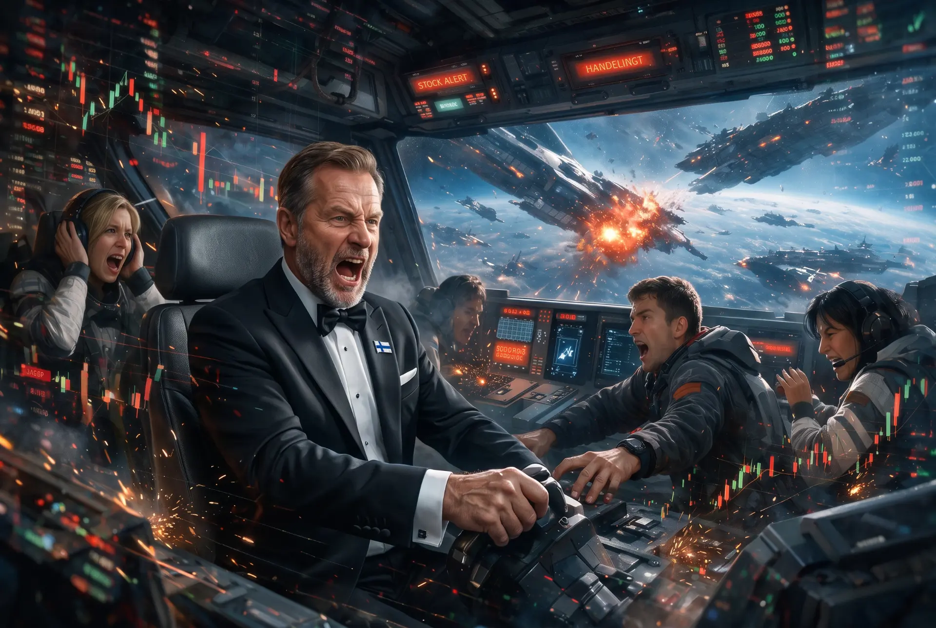 Traders in a cockpit reacting to a volatile gold market